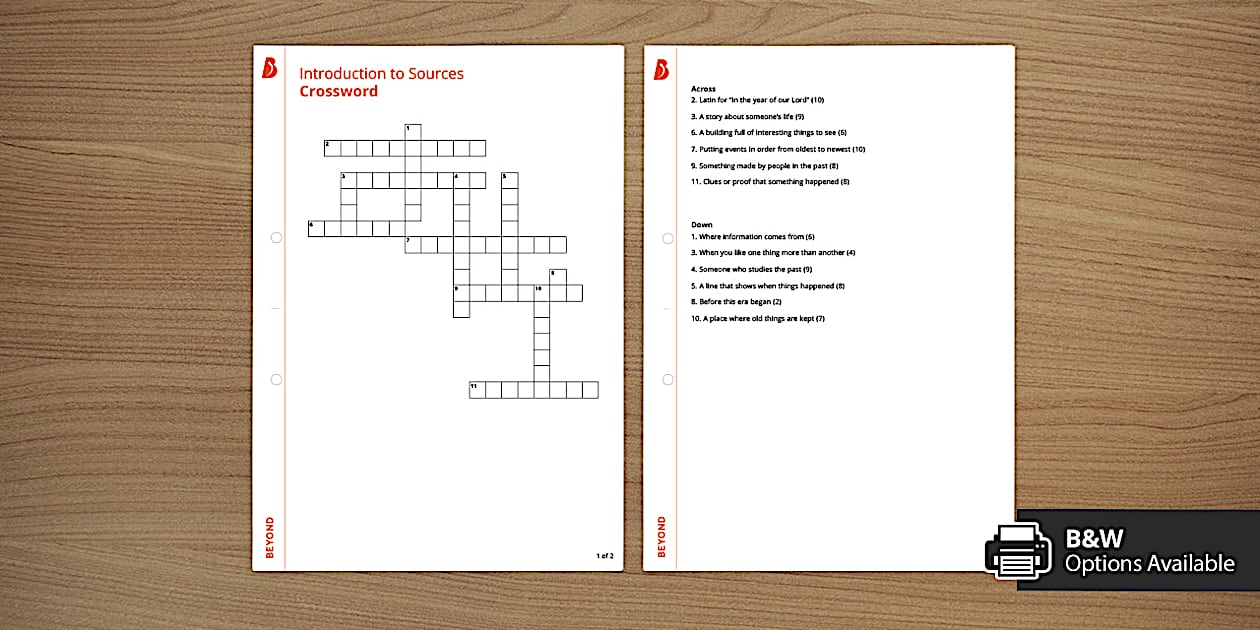 Introduction to Sources Crossword (teacher made) Twinkl