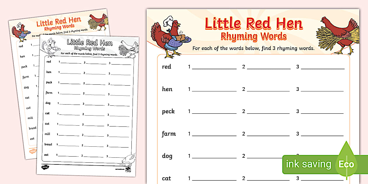 The Little Red Hen Three Rhyming Words Worksheet Twinkl