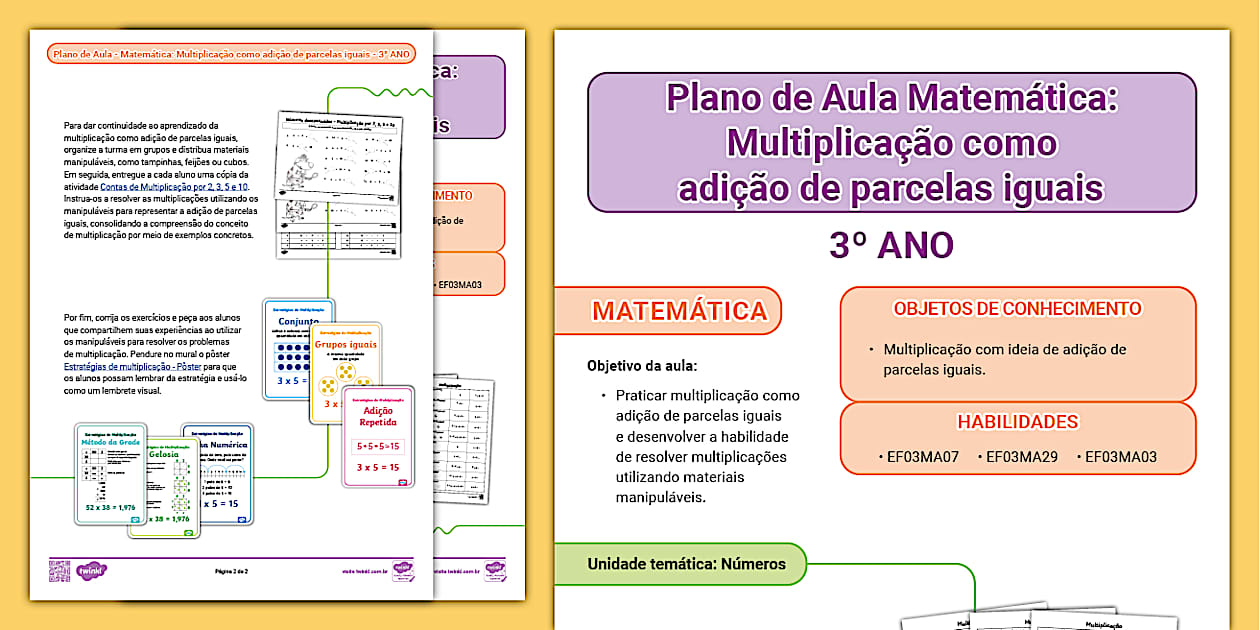 FREE! - Plano de aula 3º ano - Matemática: Multiplicação como adição de