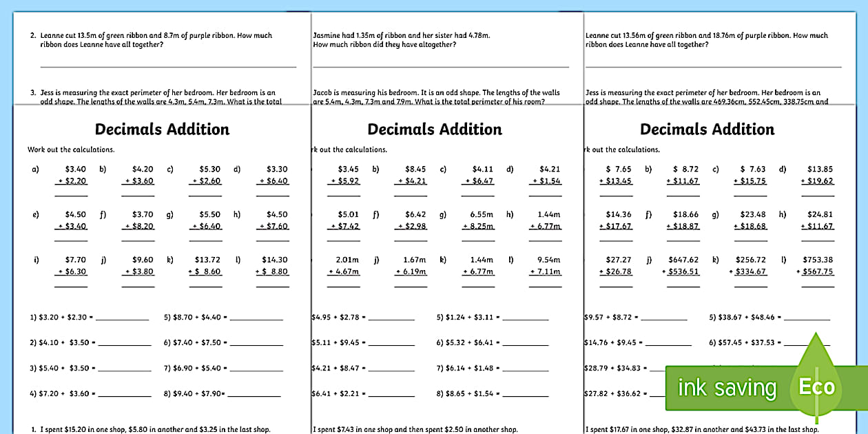SA Decimals Addition Worksheet (Lehrer gemacht) - Twinkl