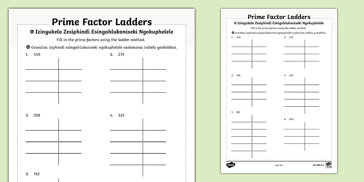 Gr 7 Maths Prime Factor Ladders Activity Sheet Zu/Eng CAPS