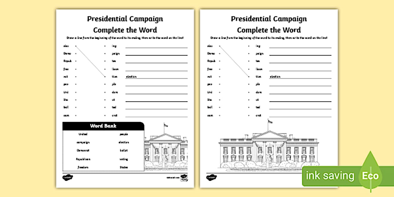 Presidential Election Complete the Word Worksheet Twinkl