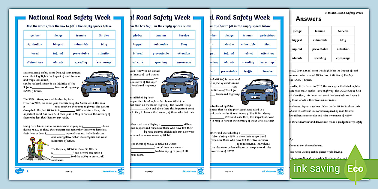 National Road Safety Week Differentiated Cloze - Twinkl