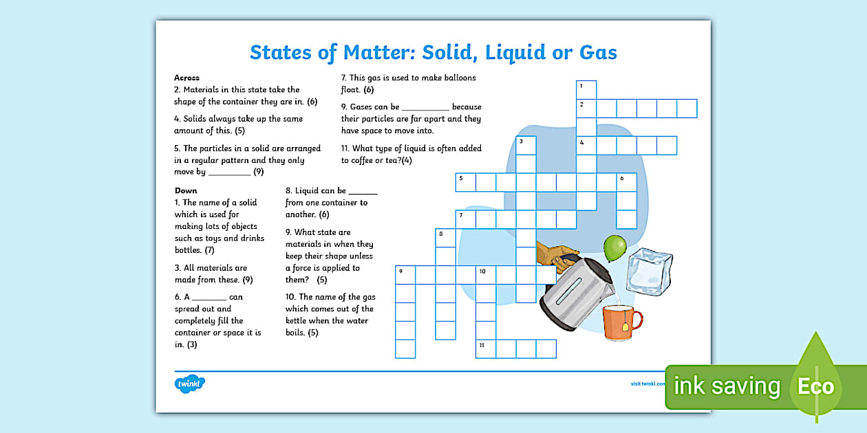 States of Matter: Solid Liquid or Gas Crossword Twinkl