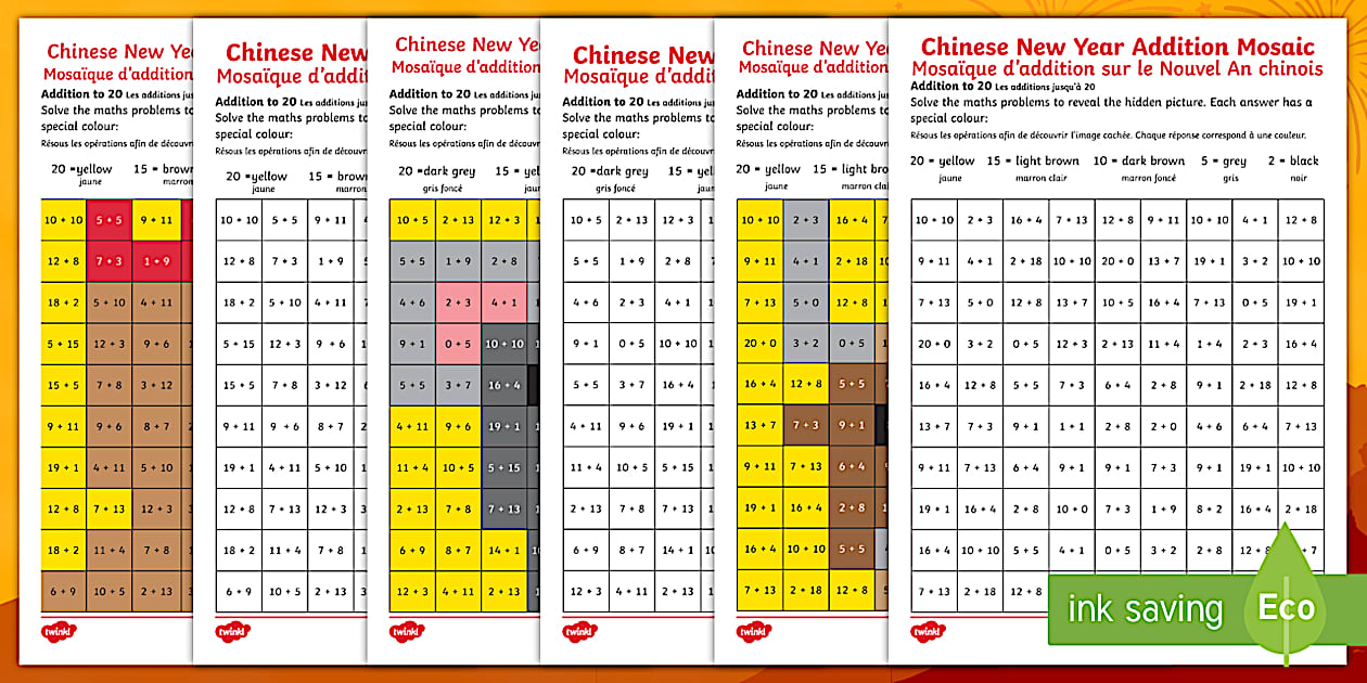 Chinese New Year Animals Addition Mosaic Worksheet / Worksheet English ...