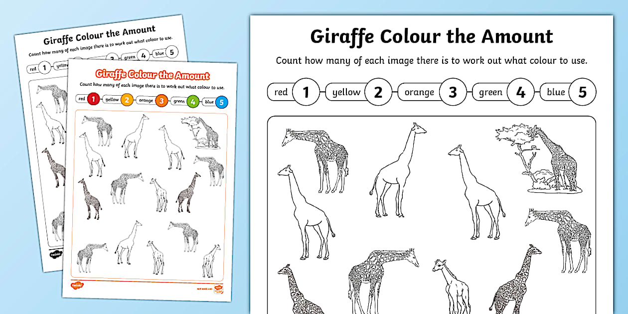 👉 Giraffe Colour the Amount Worksheet (teacher made)