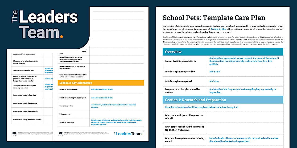 School Pets: Template Care Plan leaders (professor feito)
