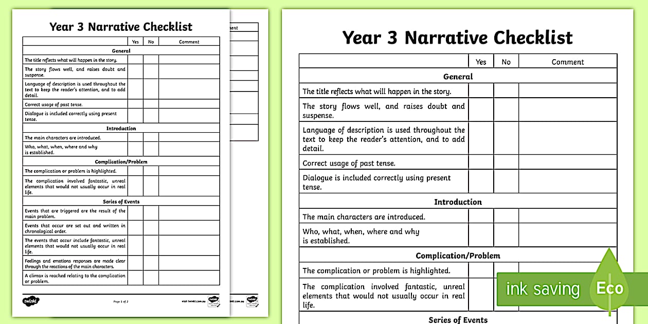 Narrative Writing Year 3 Checklist The Editing Stage
