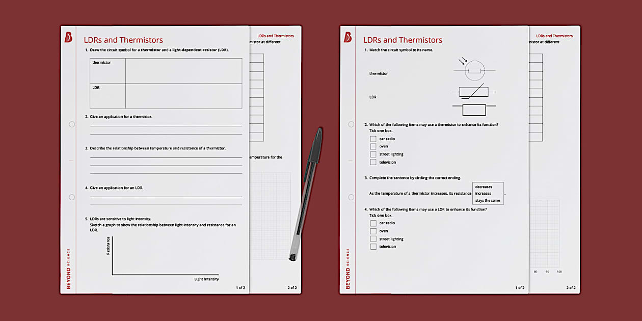 LDRs and Thermistors Worksheet (teacher made) Twinkl