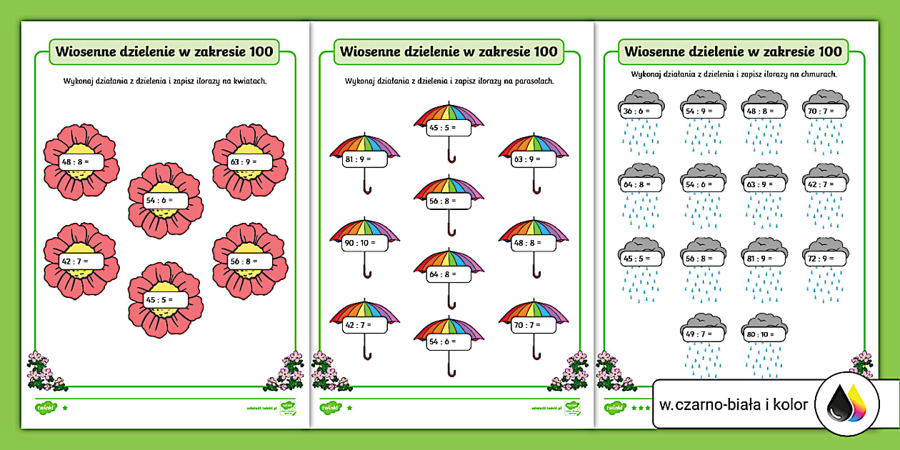 Wiosenne dzielenie w zakresie 100 | Karta pracy | 3 poziomy