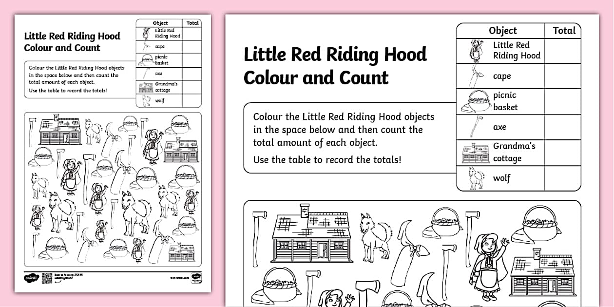 Red Riding Colour 👉 Little Red Riding Hood Colour and Count Worksheet
