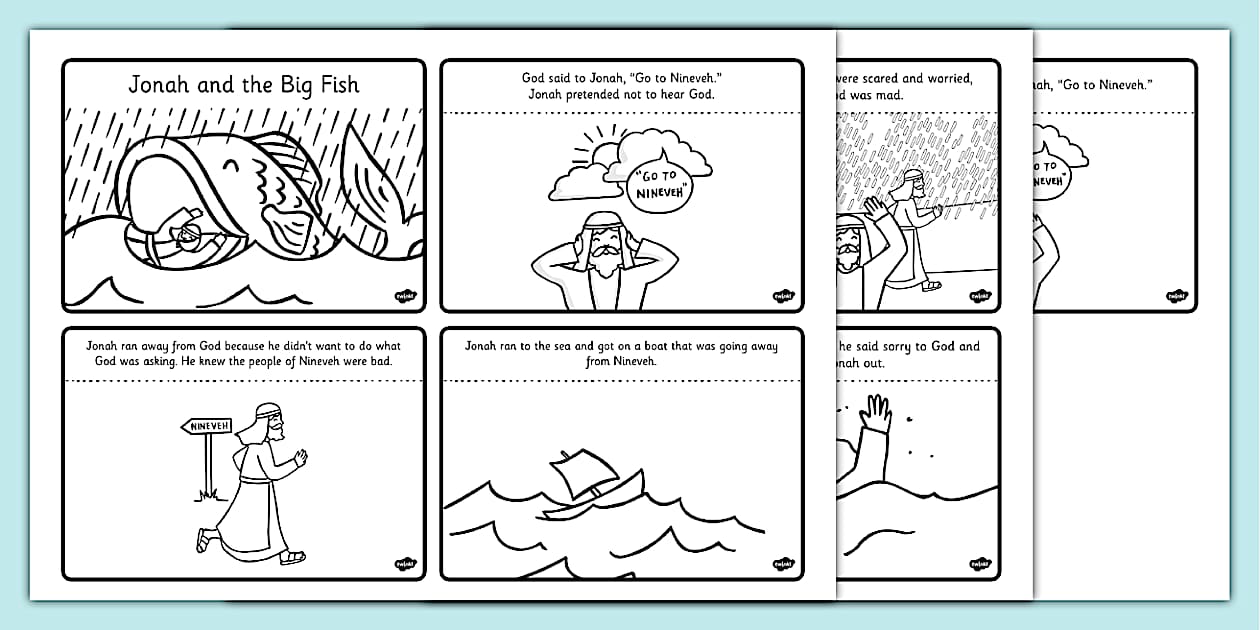 Jonah and the Big Fish Story Sequencing Black &amp; White (4 per A4)