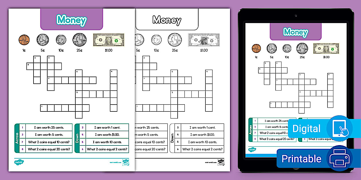 Second Grade Money Crossword Puzzle for Kids Twinkl USA
