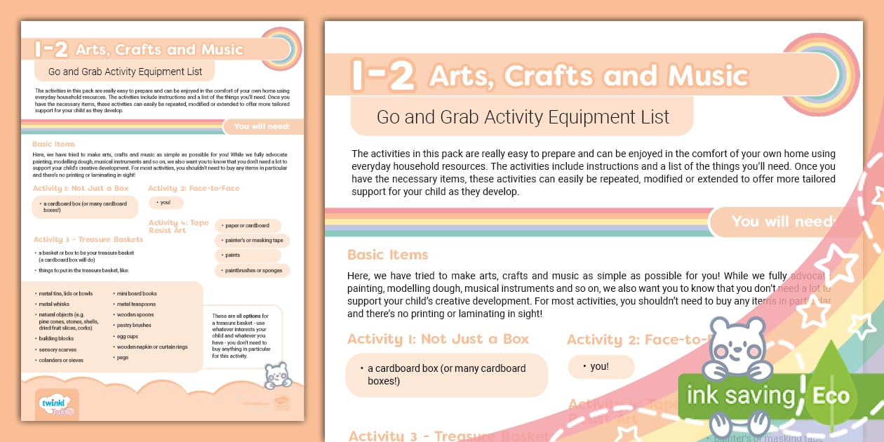 1-2 Years Arts, Crafts and Music Equipment List