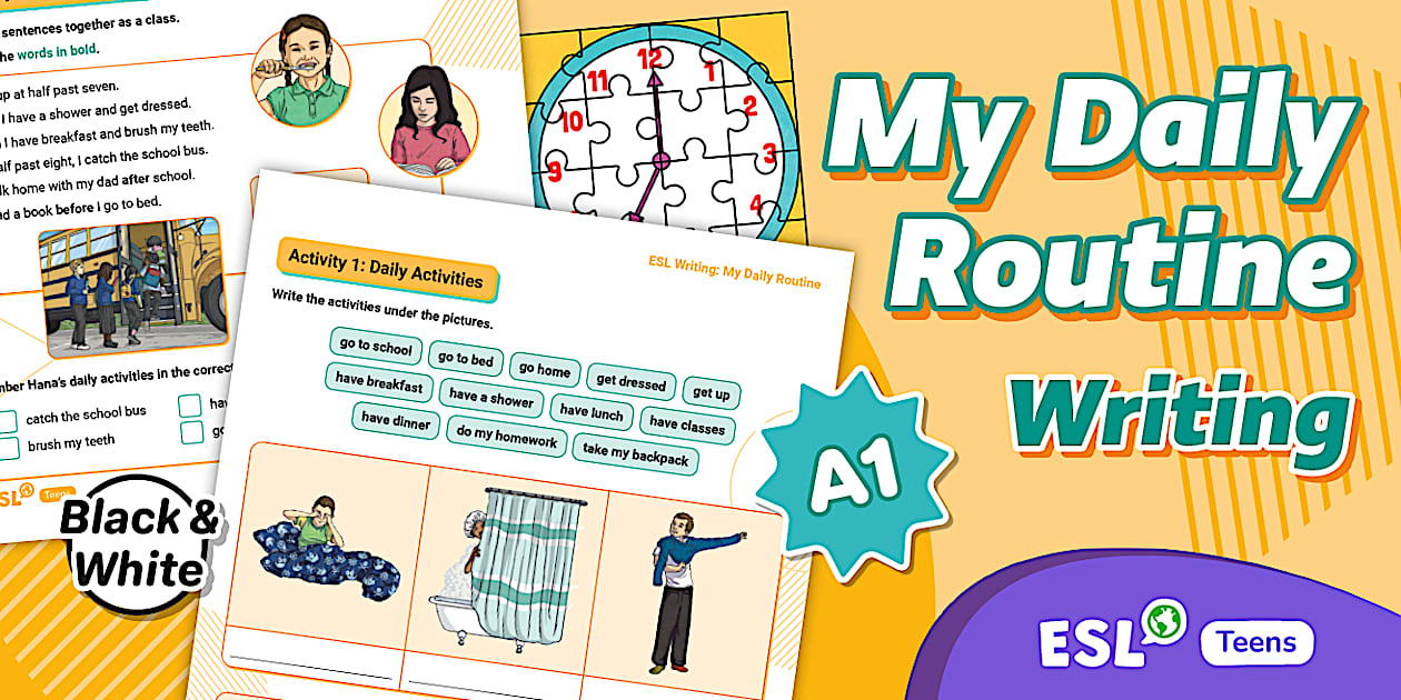 Girl Writing A Routine ESL Writing Activity Sheet: My Daily Routine for A1 Teens