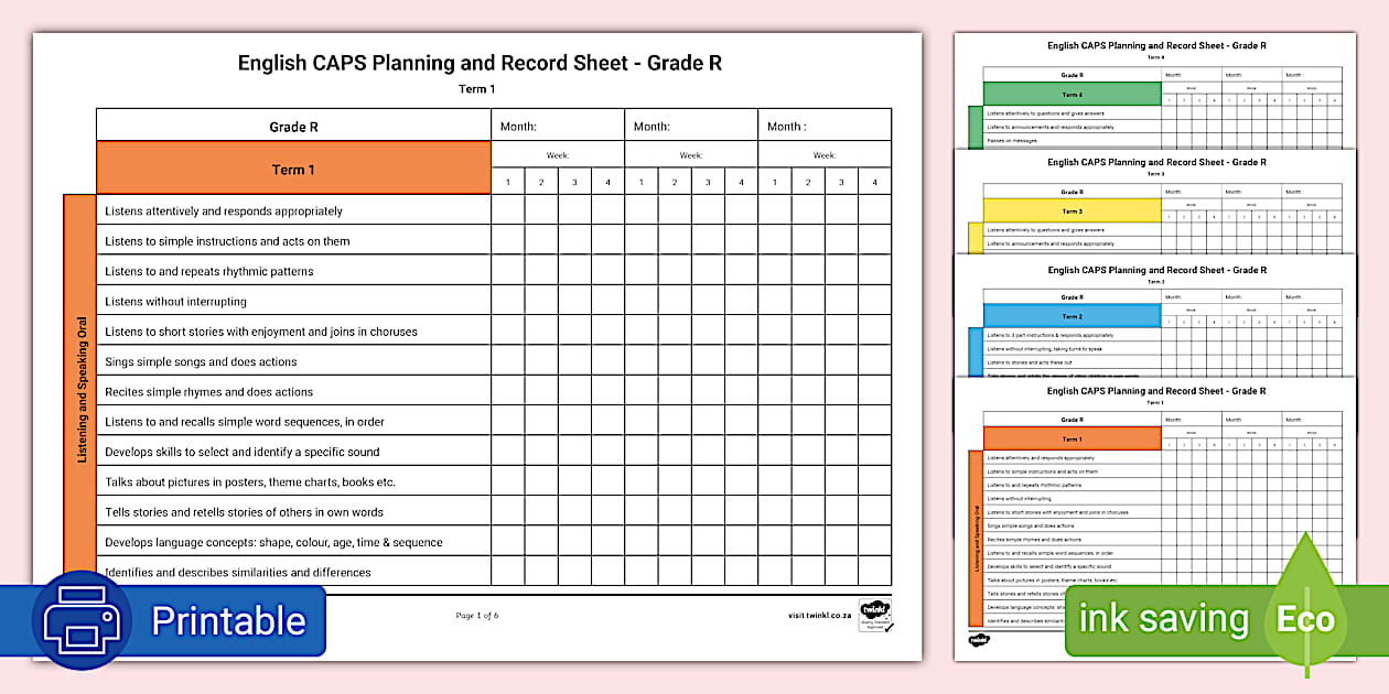 English CAPS Planning and Record Sheet - Grade R - Twinkl