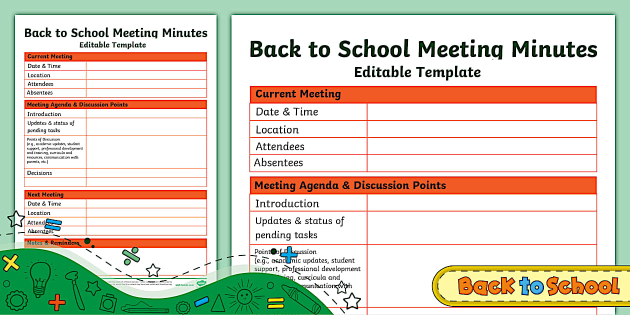 Back to School Meeting Minutes Editable Template - Twinkl