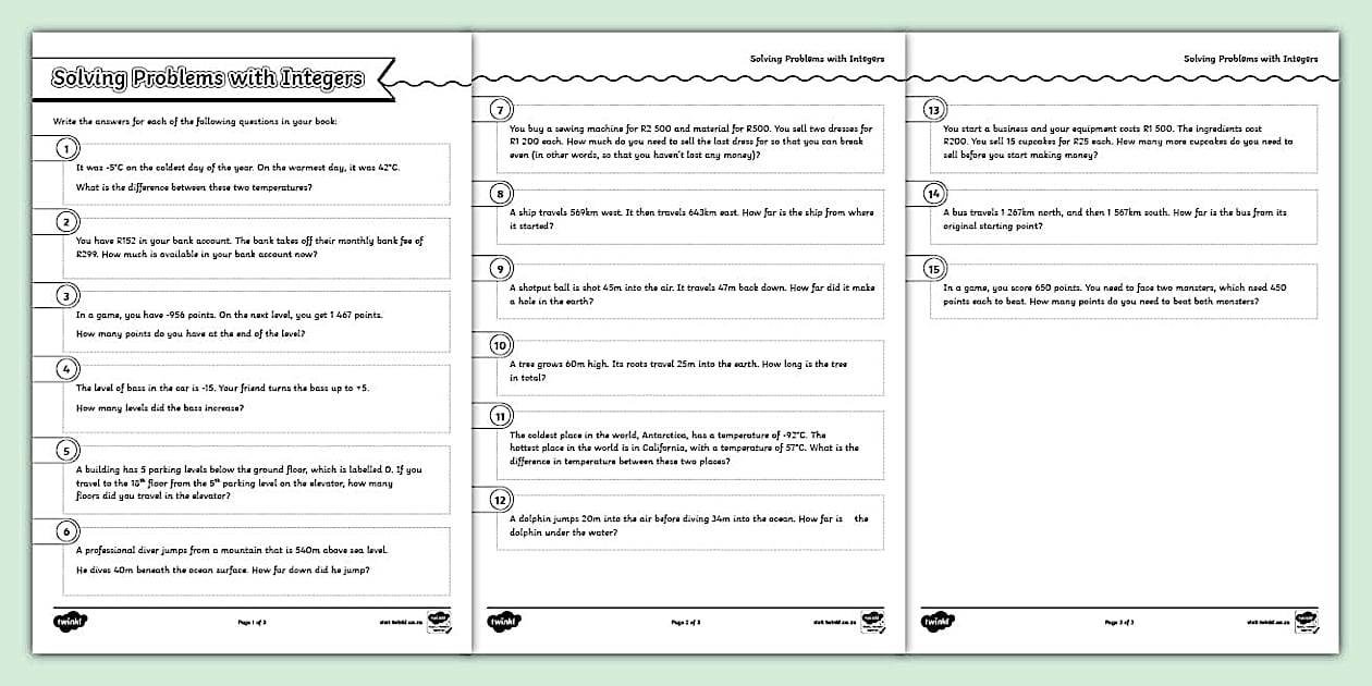 Solving Problems with Integers Activity Sheet (teacher made)