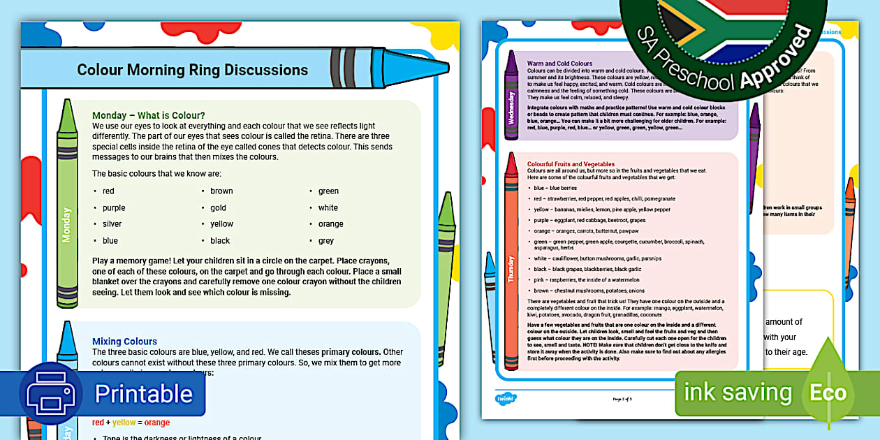 Preschool: Colours - Morning Ring Discussion Sheet