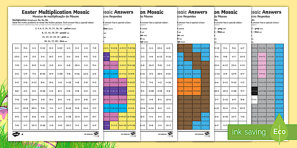 Easter Multiplication Mosaics Differentiated Worksheets English/Portuguese
