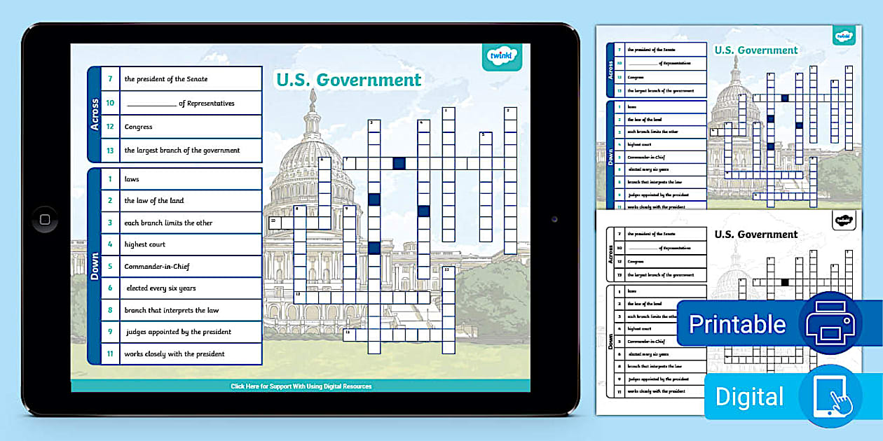 Sixth Grade U S Government Crossword Puzzle (teacher made)
