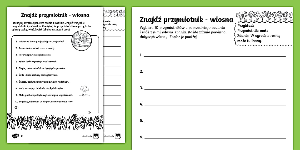 Przymiotnik Klasa 4 Karty Pracy Znajdź przymiotnik | Wiosna | Karty pracy (Teacher-Made)