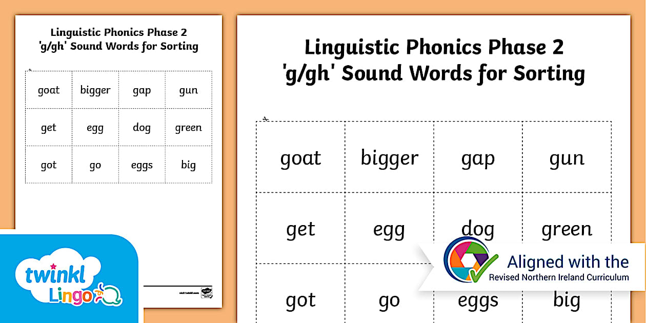 Northern Ireland Linguistic Phonics Phase 2 'g/gh' Sound Words for Sorting