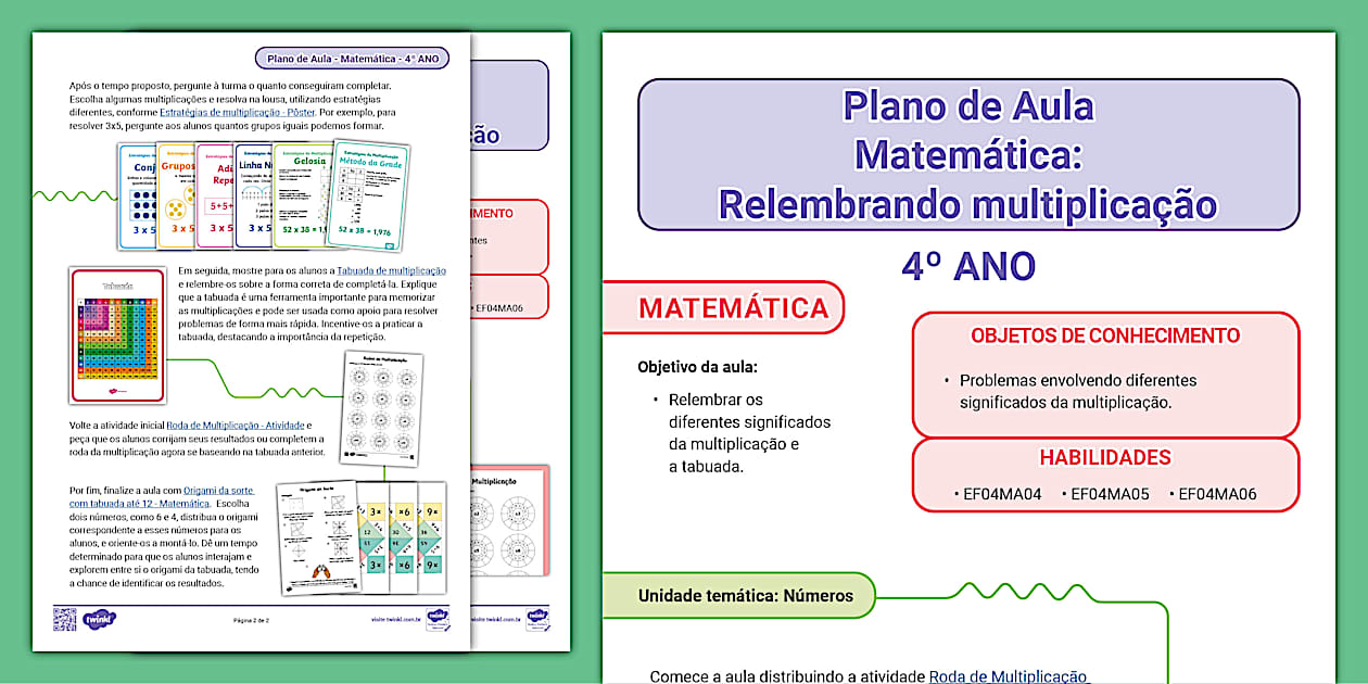 FREE! - Plano de aula 4º ano - Matemática: Relembrando multiplicação