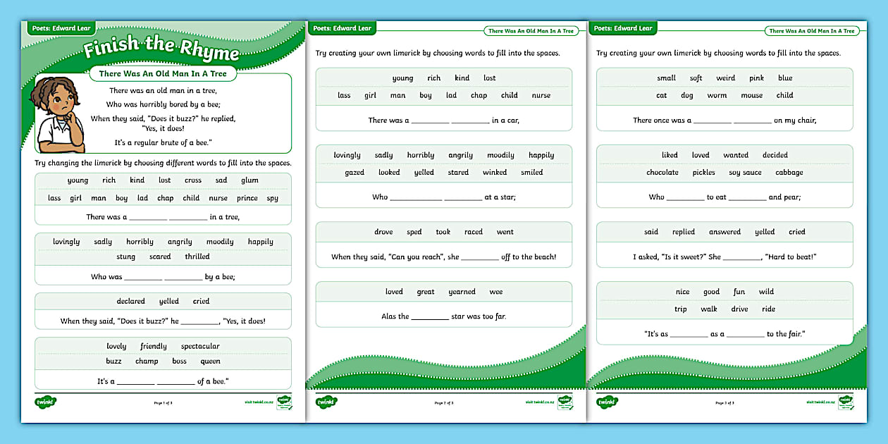 Edward Lear: Finish the Rhyme Limerick Writing Twinkl