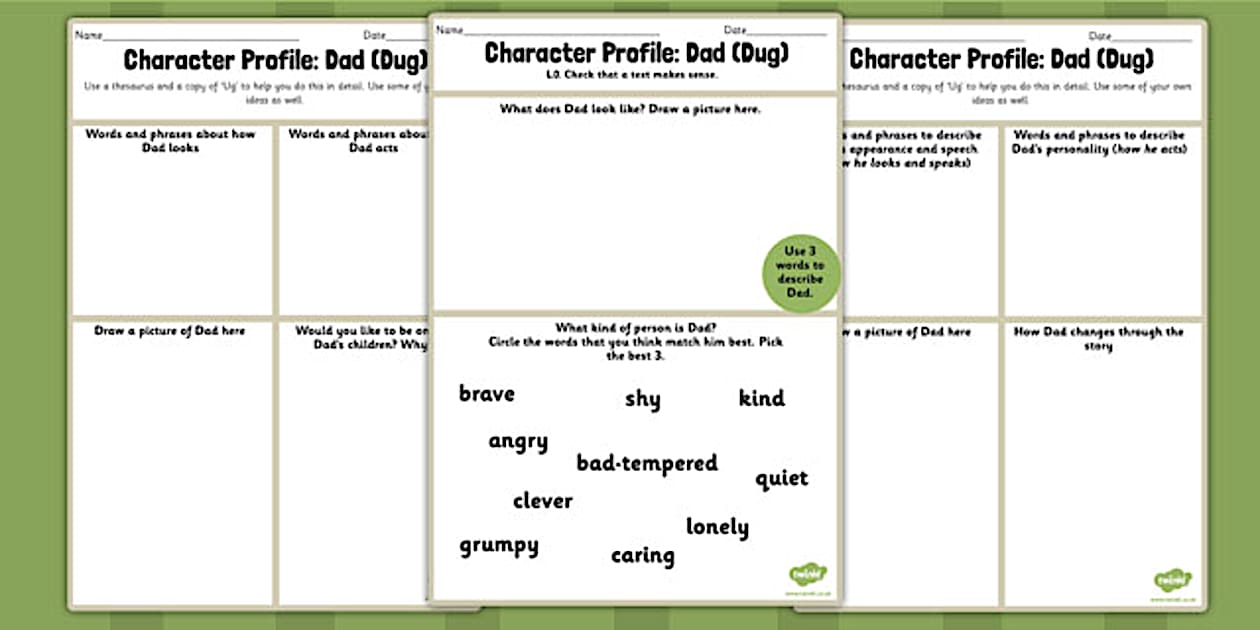 Character Profile Dad Dug Worksheet to Support Teaching on Ug