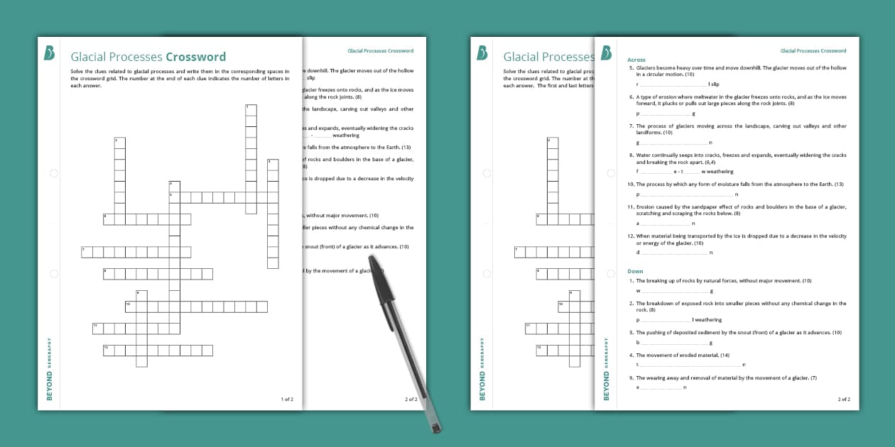Glacial Landscapes: Glacial Processes Crossword Twinkl