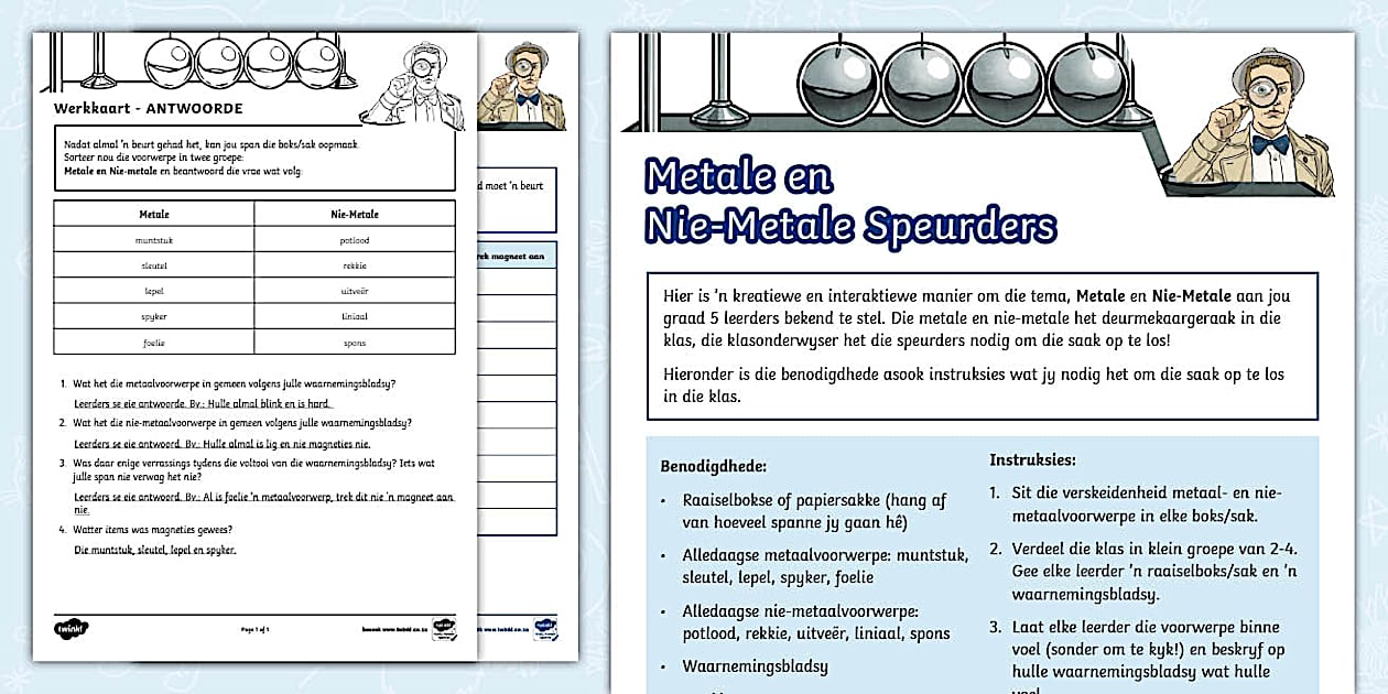 Metale en Nie-Metale Speurders - Aktiwiteit (teacher made)