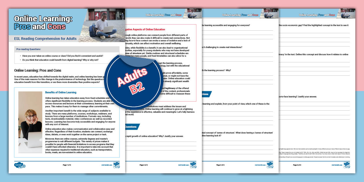ESL Online Learning: Pros and Cons [Adults, B2] - Twinkl