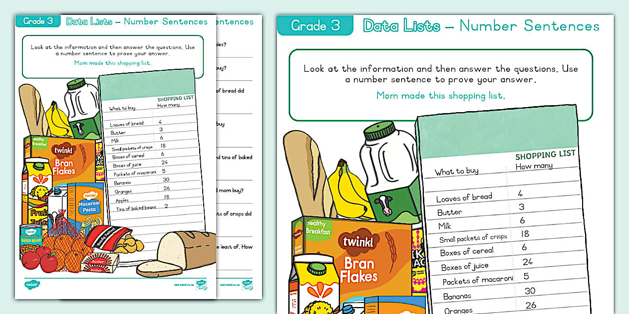 Grade 3 Data Lists - Number Sentences (teacher made)