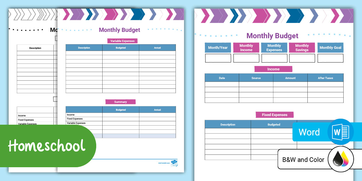 Editable Monthly Budget Template Word (teacher made)