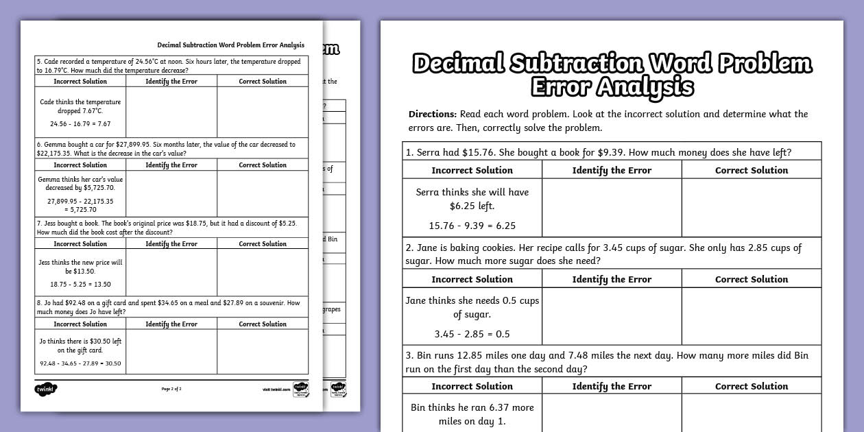Sixth Grade Math Decimal Subtraction Word Problem Error Analysis