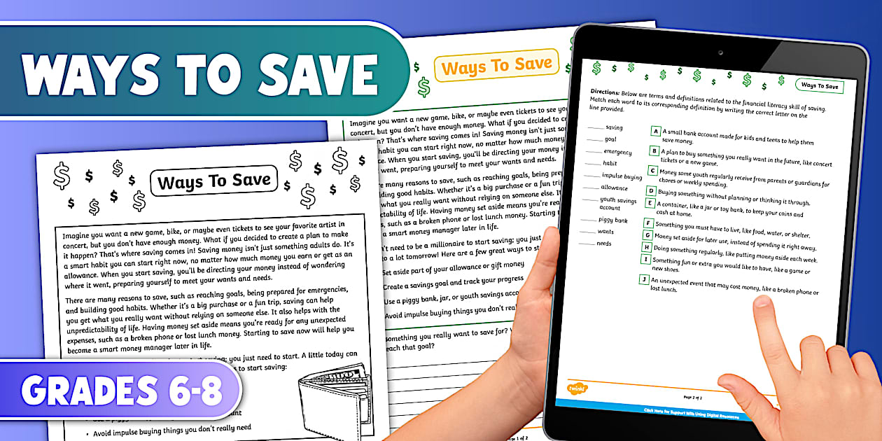 Financial Literacy Comprehension: Ways To Save for 6 8 Grade