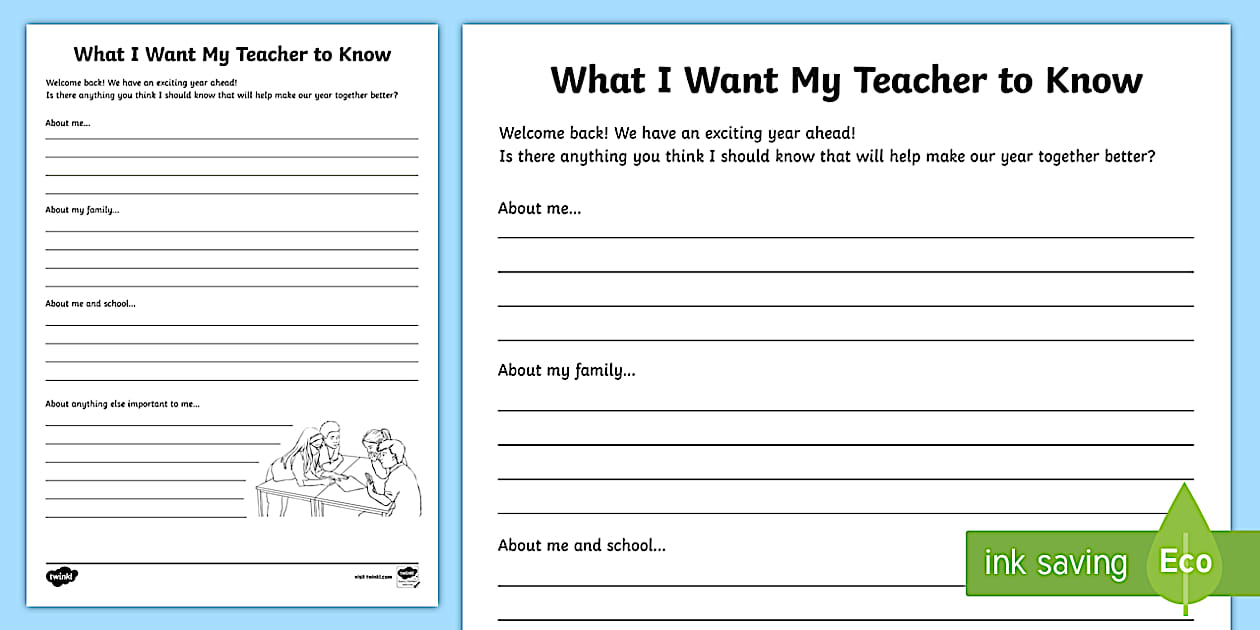 Editable What I Want My Teacher to Know Worksheet Twinkl
