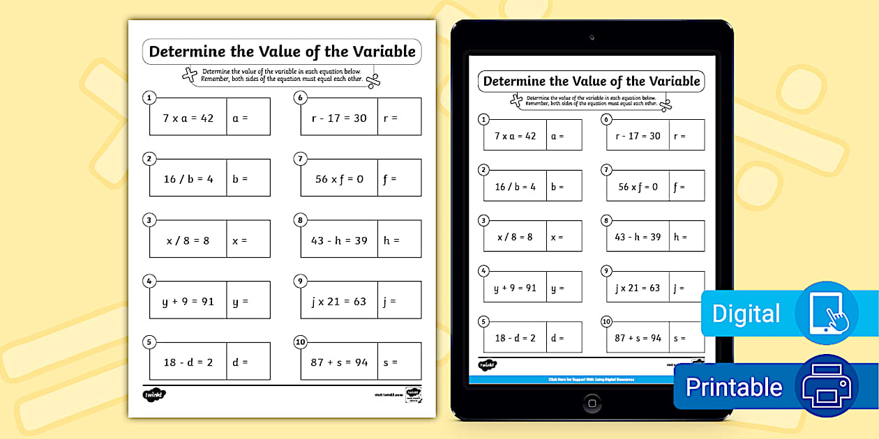Third Grade Determine the Value of the Variable Worksheet
