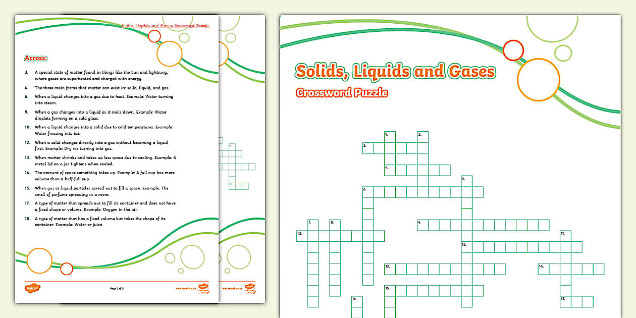 Solids Liquids and Gases Crossword Puzzle (teacher made)