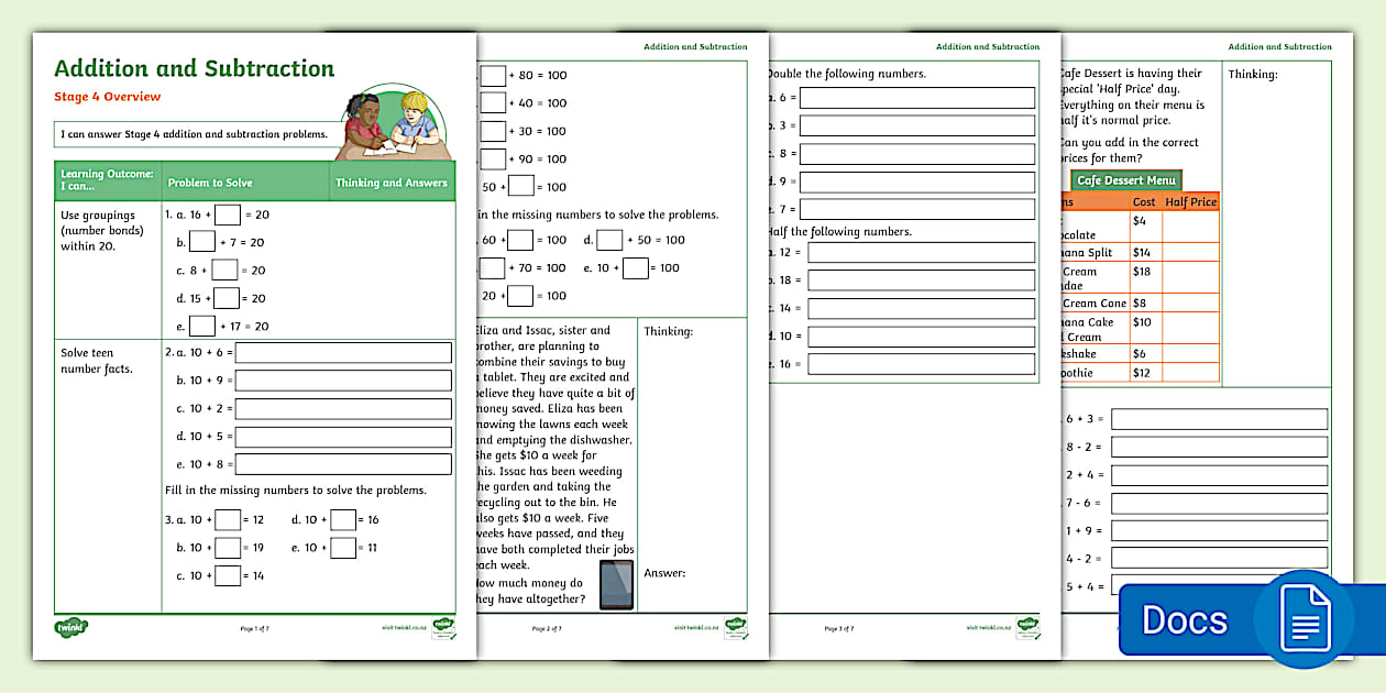Overview Worksheet Stage 4 Addition and Subtraction Overview Worksheet - Twinkl
