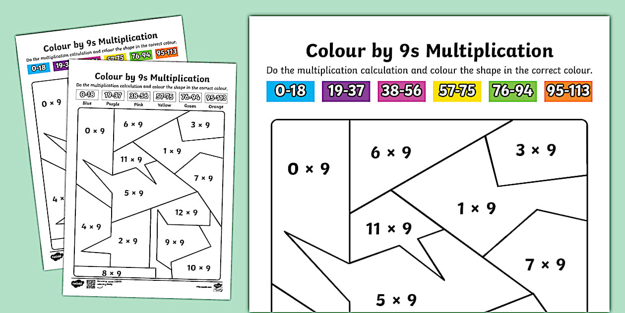 Colour by 9s Multiplication Activity Worksheet Twinkl