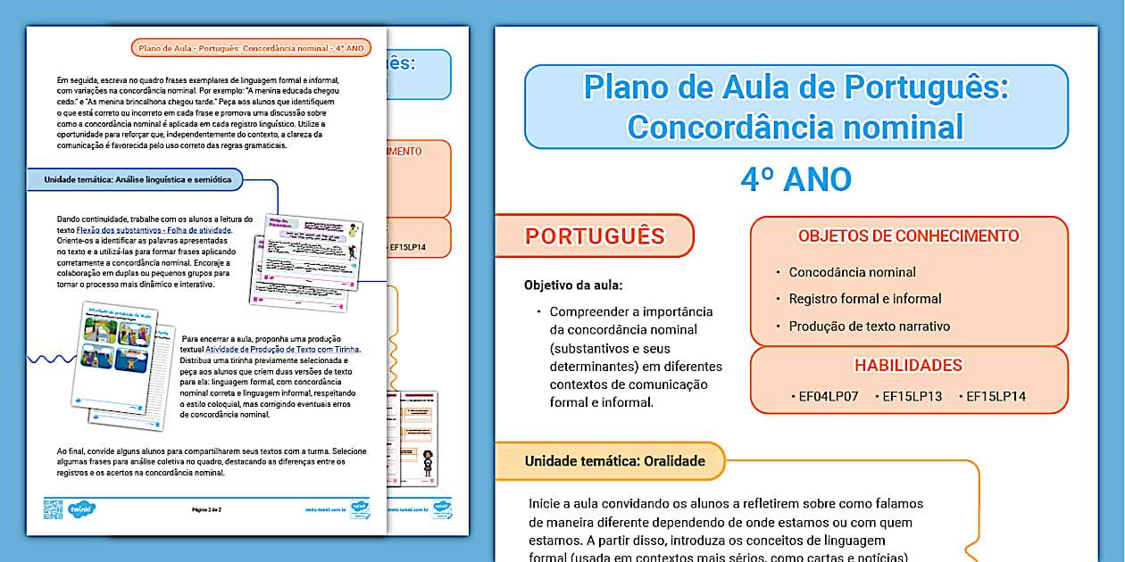 Plano de aula 4º ano - Português: Concordância nominal
