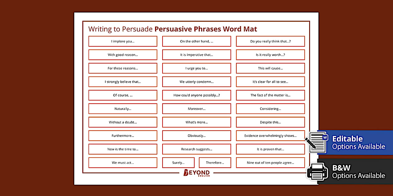 Persuasive Phrases Word Mat | Writing to Persuade | Beyond