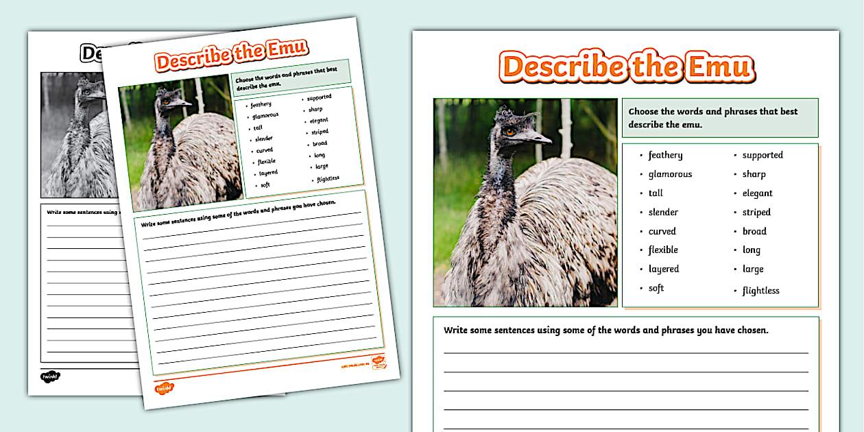 Describe the Emu Worksheet Twinkl English (teacher made)
