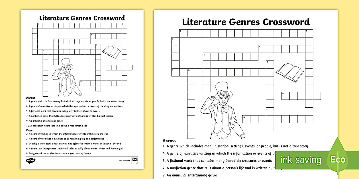 Literary Genres Crossword for 3rd 5th Grade (teacher made)