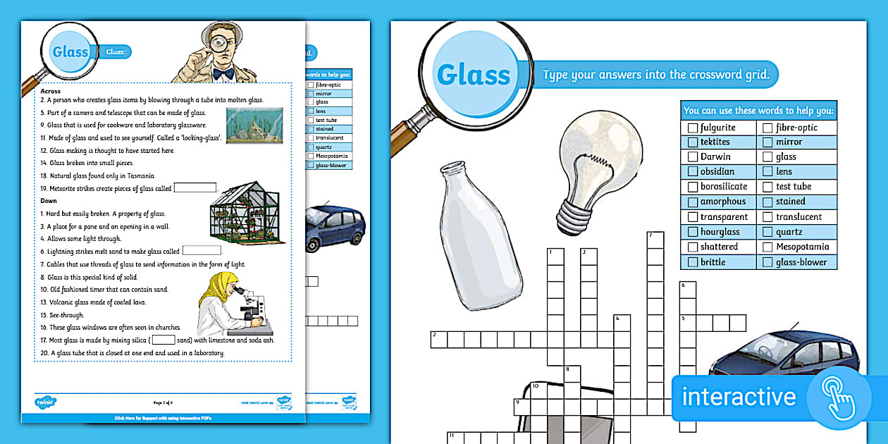 Glass Interactive Crossword Years 3 6 Science Twinkl