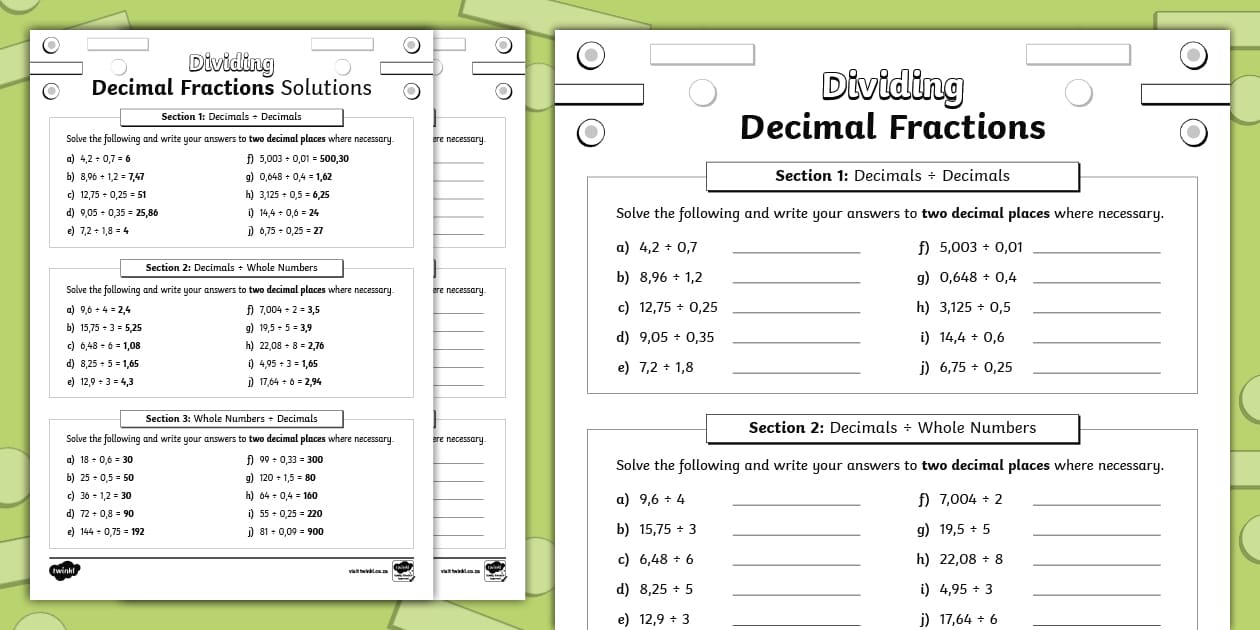 Dividing Decimal Fractions: Practice Worksheet Twinkl