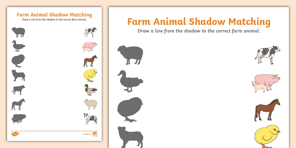 Farm Animal Shadow Matching Worksheet - Twinkl