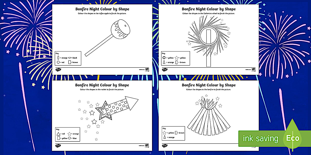 Bonfire Night Colour by 2D Shape Worksheet / Worksheets